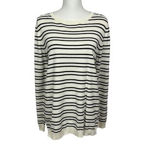 Renee C. Women’s Pullover Sweater Sz Large Black & White Stripe Brown Elbows
